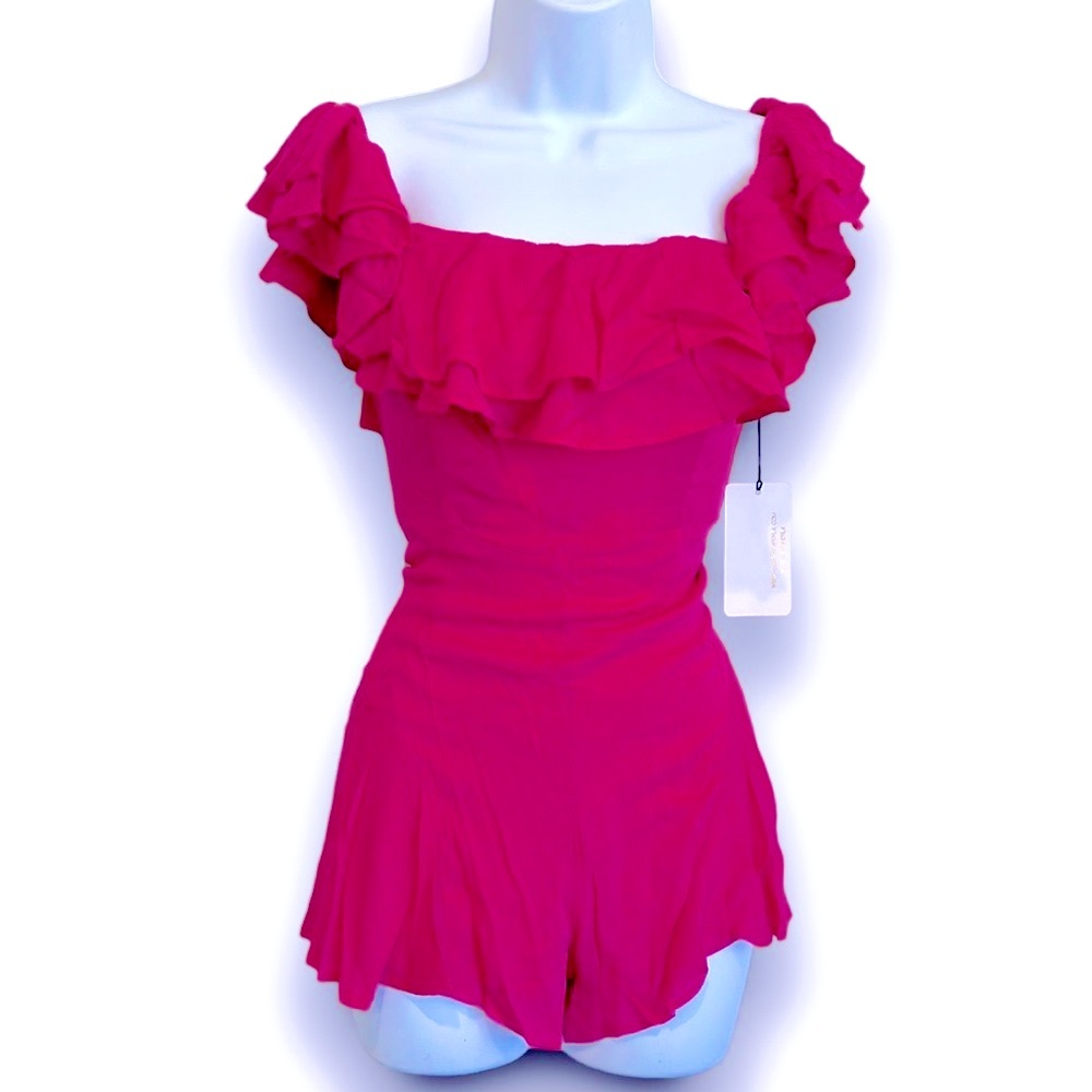 Cotton Candy Off-Shoulder Ruffle Romper in Hot Pink
